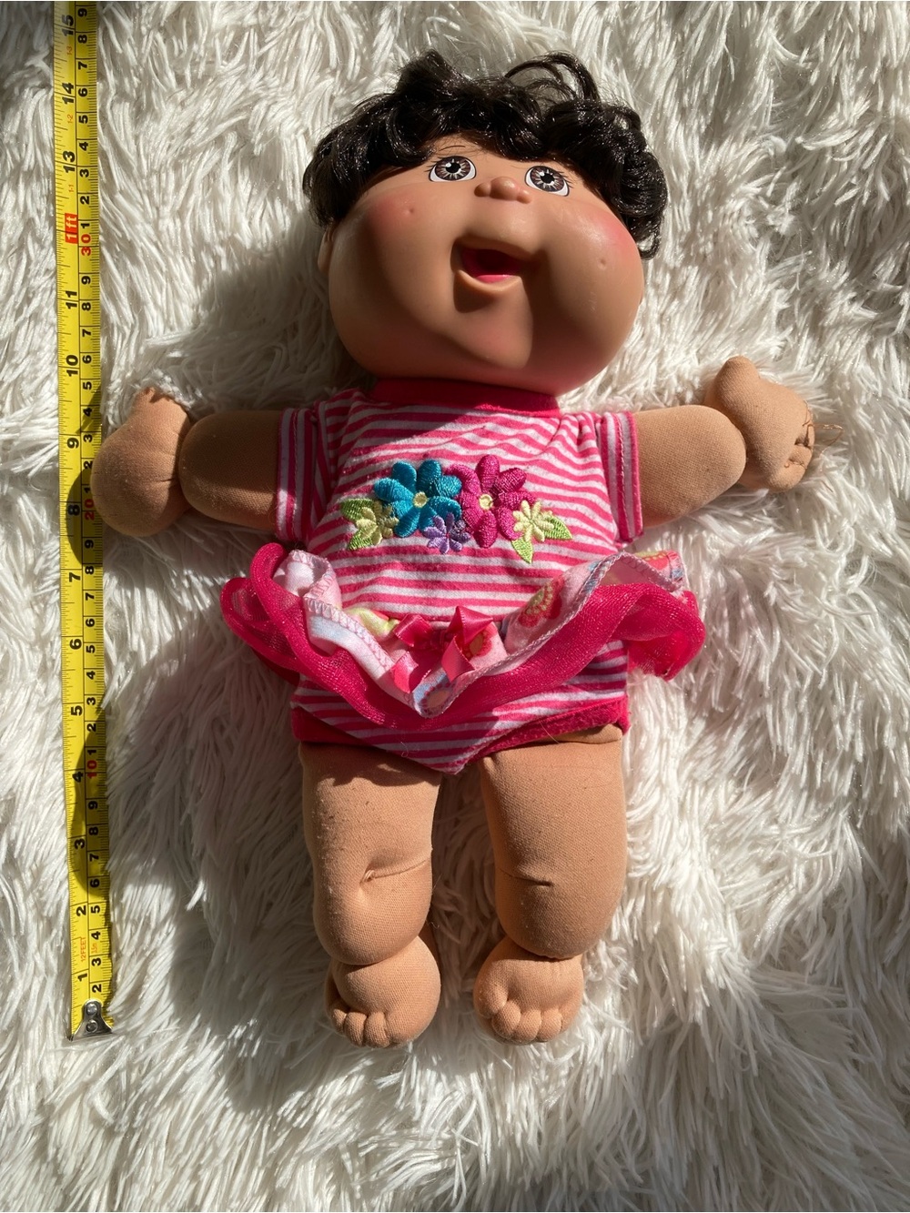 Plush Baby Doll in Pink Striped Dress with Floral Appliqué